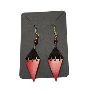 Handmade Leather and Red Resin Triangle Earrings